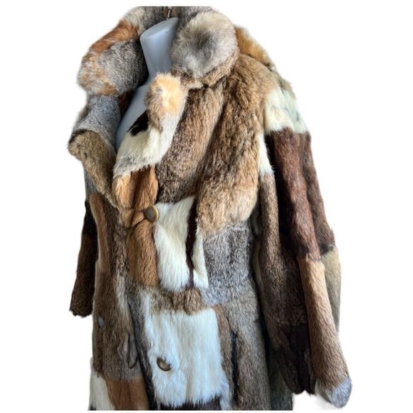 Donald Brooks Vintage 1970s  Patchwork Rabbit Fur Coat with Bell Sleeves Size M - Picture 3 of 10
